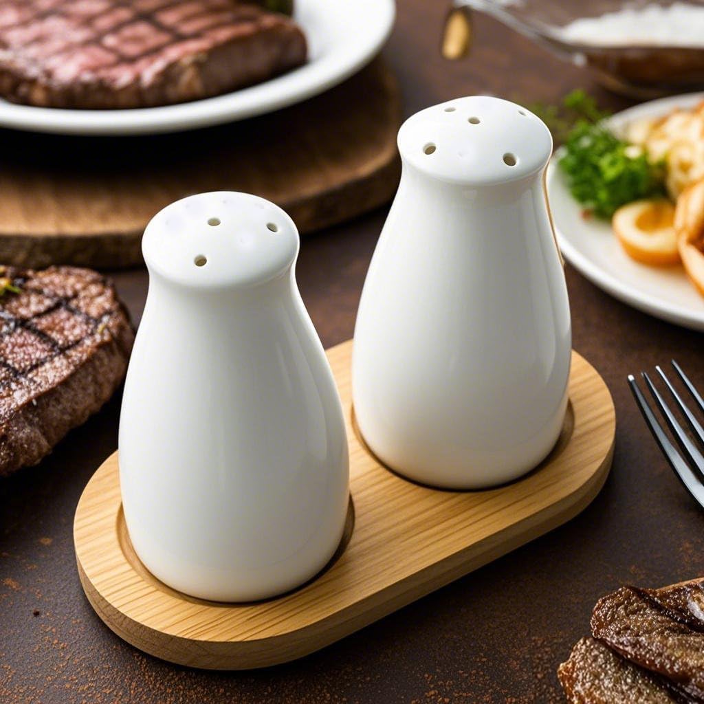 Ceramic Salt and Pepper Shakers Set with a Bamboo Tray,Farmhouse White Salt Shaker for Cooking,Travel,BBQ, Kitchen - Set of 2