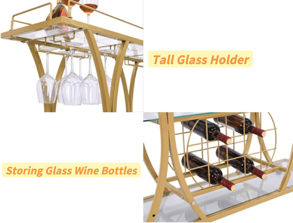 Gold Bar Carts with Glass Holders & Wine Rack,3 Tier Home Bar Serving Carts with Glass Shelves,Metal Rolling Bar
