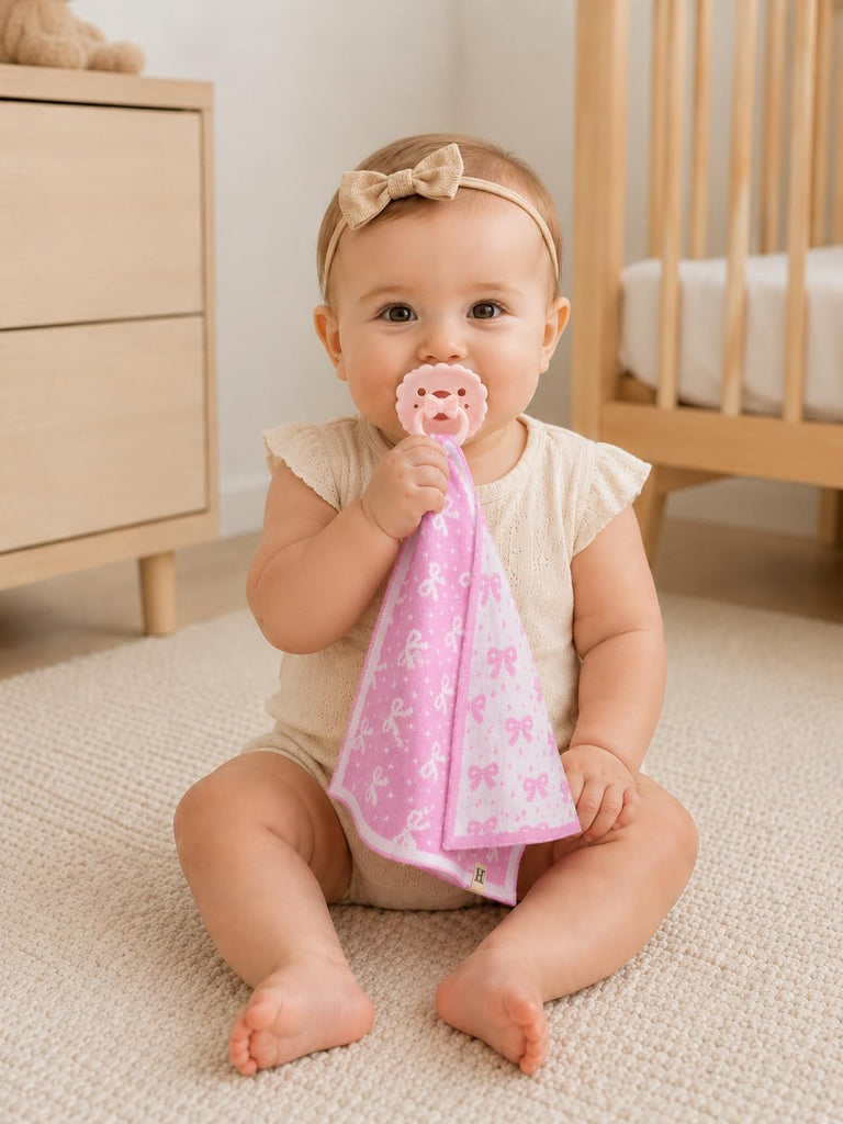L+L USA 100% Organic Cotton Baby Lovey - Soft Breathable Knit Security Blanket with Paci Holder Loop - Girly Bow