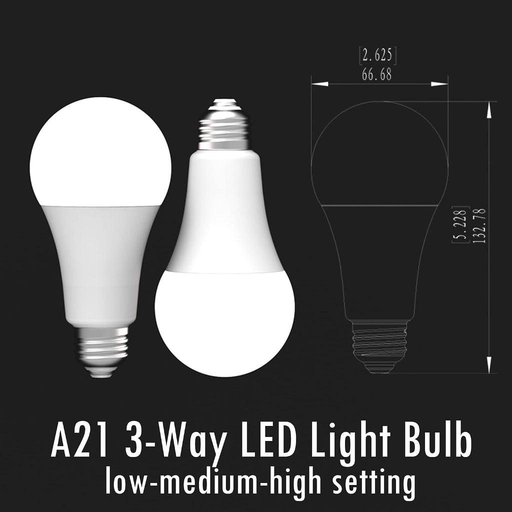 Warm White 3-Way LED Light Bulbs A21, 50-100-150W Equivalent, Low-Medium-High Setting, 3000K (Pack of 4)