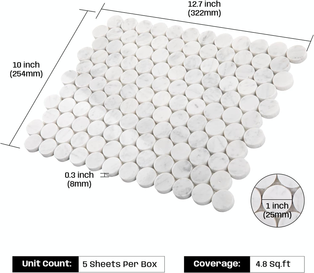 Carrara White Marble Mosaic Tile Bathroom Floor 1 Inch Penny | Water & Heat Resistant Polished Marble Backsplash for