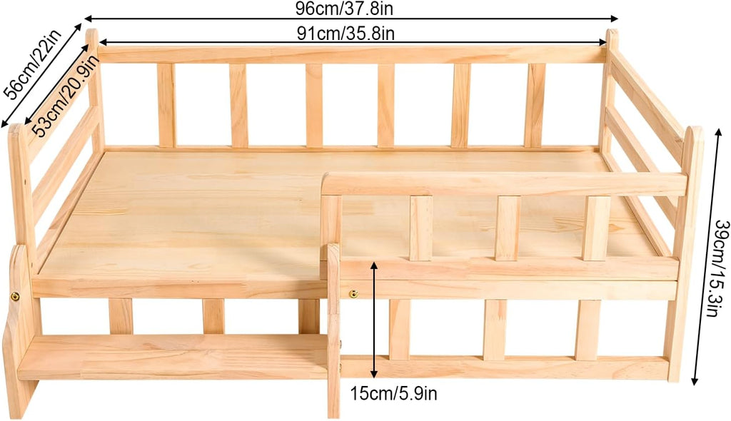 Pine Wood Pet Bed with Staircase, Wooden Dog Bed Frame w/Surrounding Fence, Elevated Dog Bed for Dogs Cats, Load 66lbs