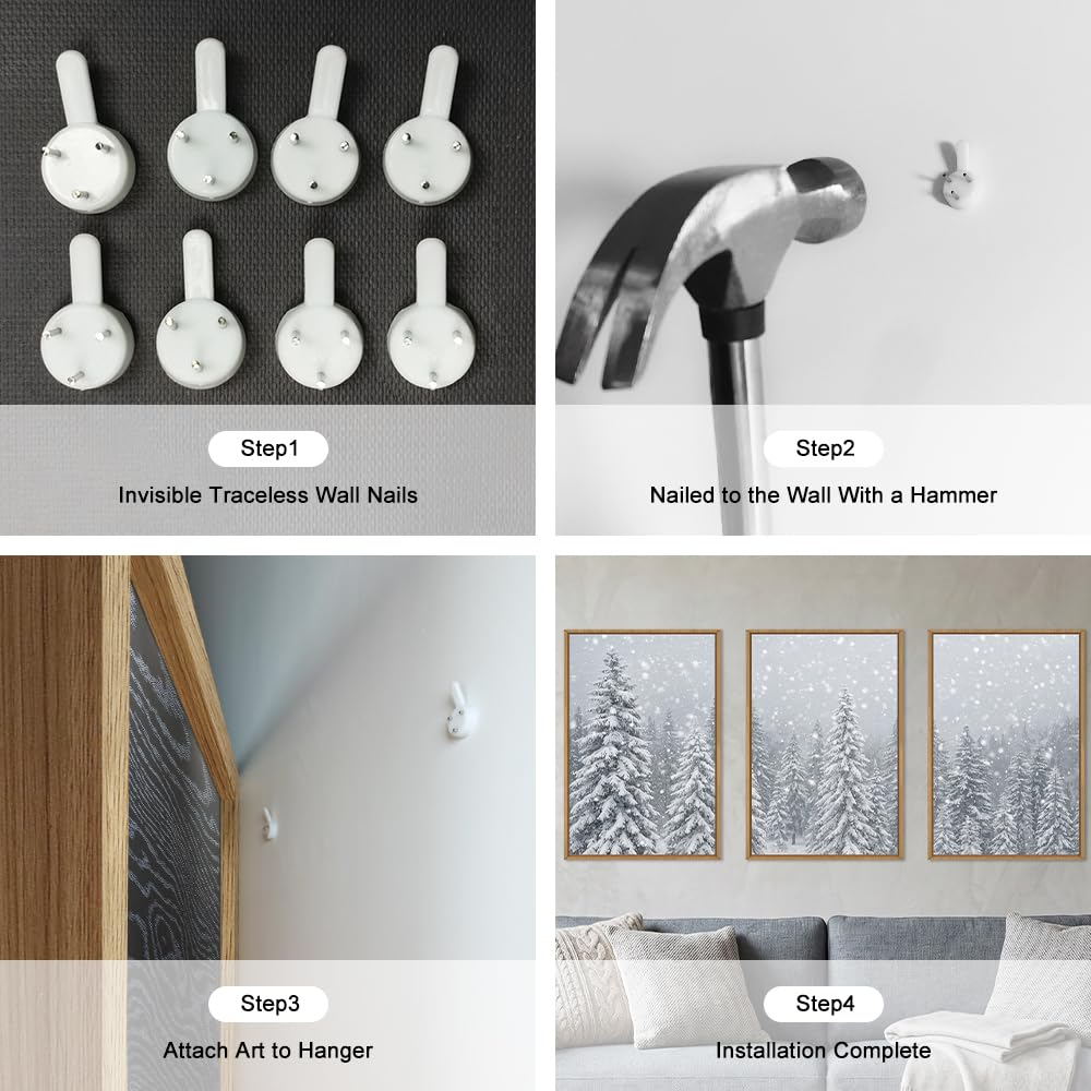Winter Christmas Tree Snowy Forest Scene Framed Canvas Wall Art Set, Natural Snow Covered Pine Tree Snowflake Wall