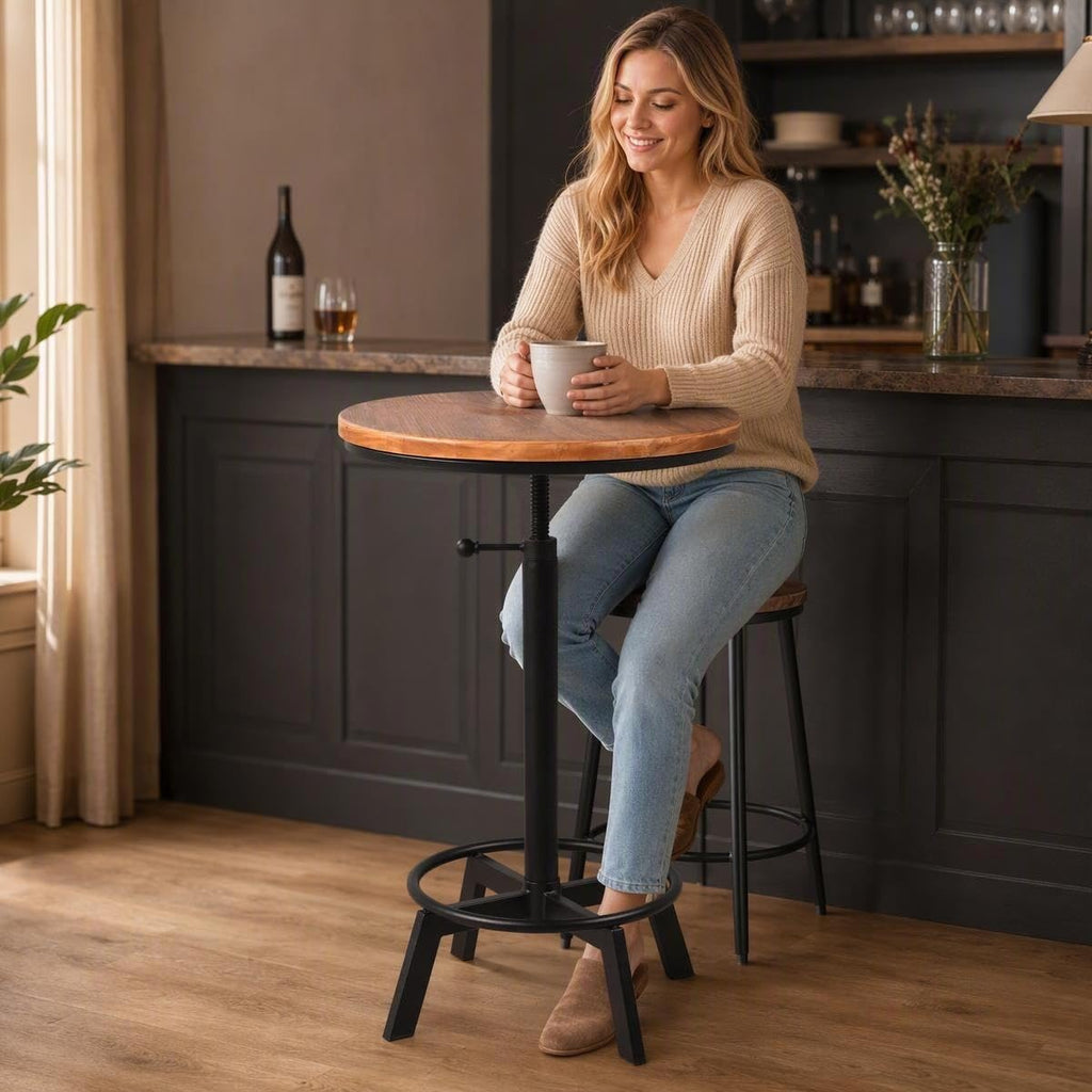 Farmhouse Bar Table 30-35.4inch Height Adjustable Rustic Bistro Pub Table Coffee House Vintage Cocktail Table Swivel