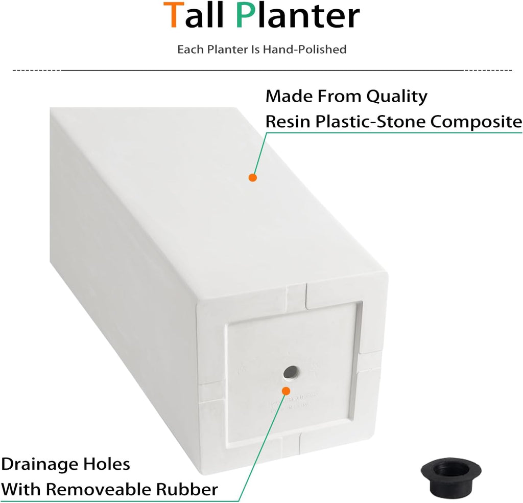 Tall Planters for Outdoor Plants, Large Resin Flower Pots for Garden, Front Porch, Patio, Indoor - Set of 2 (White