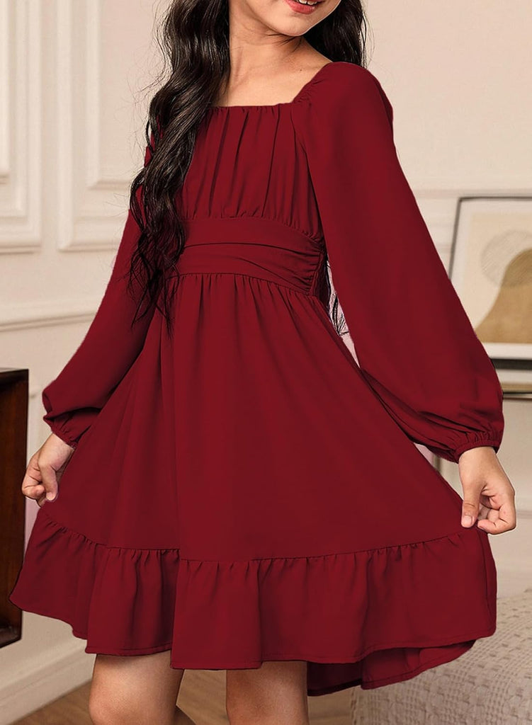 Girls Long Sleeve Tie Back Dress Fall Casual A-Line Ruffle
