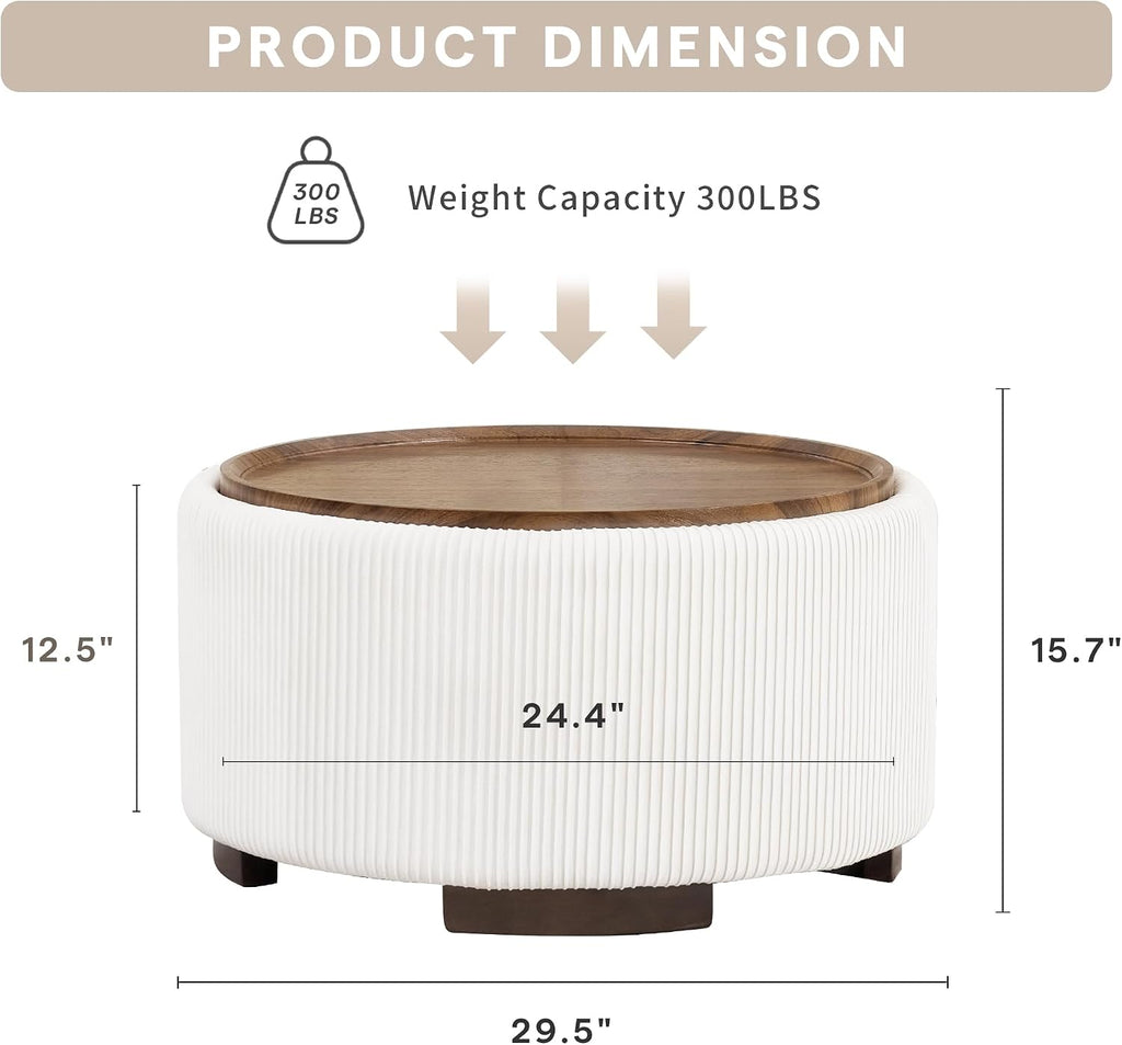 29.5 Inch Round Storage Ottoman Coffee Table, Beige Velvet | Modern Circle Coffee Table With Storage With Removable