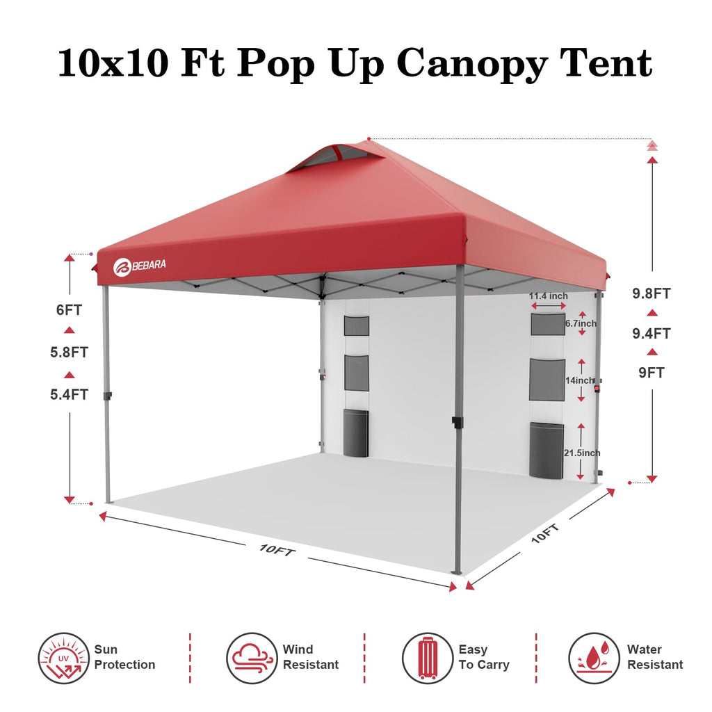 10x10 Pop Up Canopy with Sidewall, One Push Easy Setup, Red