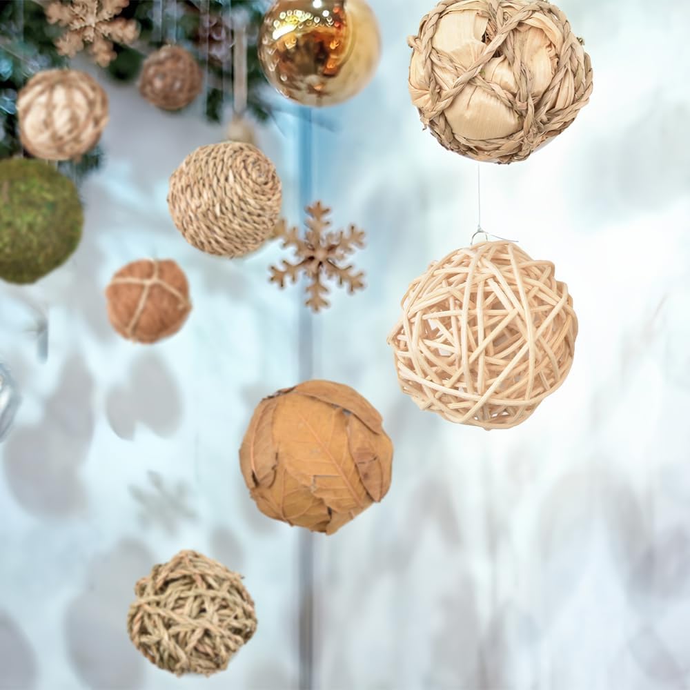 Decorative Filler Balls for Centerpiece , Decorative Wicker Rattan Balls Natural Tones Vase & Bowl Fillers - Set of 8