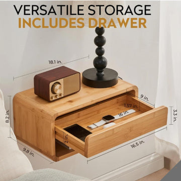 Bamboo Floating Nightstand with Storage Drawer, Wall Mounted Bedside Table End Tables with Open Shelf, Bedside