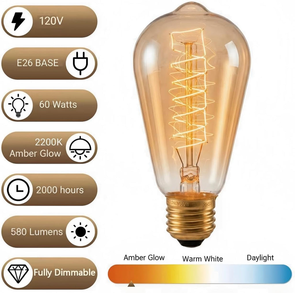 60W ST64 Incandescent Edison Light Bulbs Amber E26 4 Pack, Dimmable