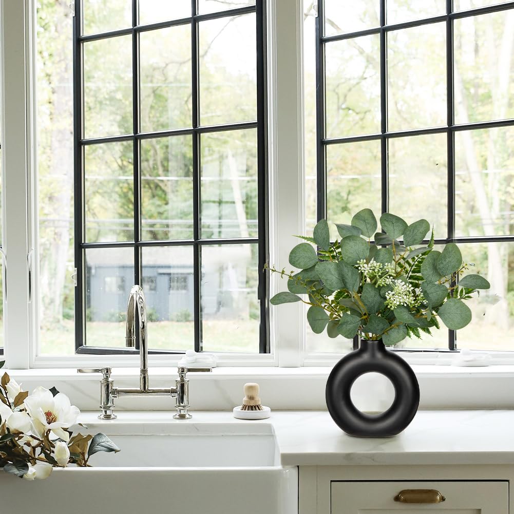 Artificial Eucalyptus Stems in Ceramic Vase 14.23" Fake Eucalyptus Plant Decor Black Donut Vase with Greenery
