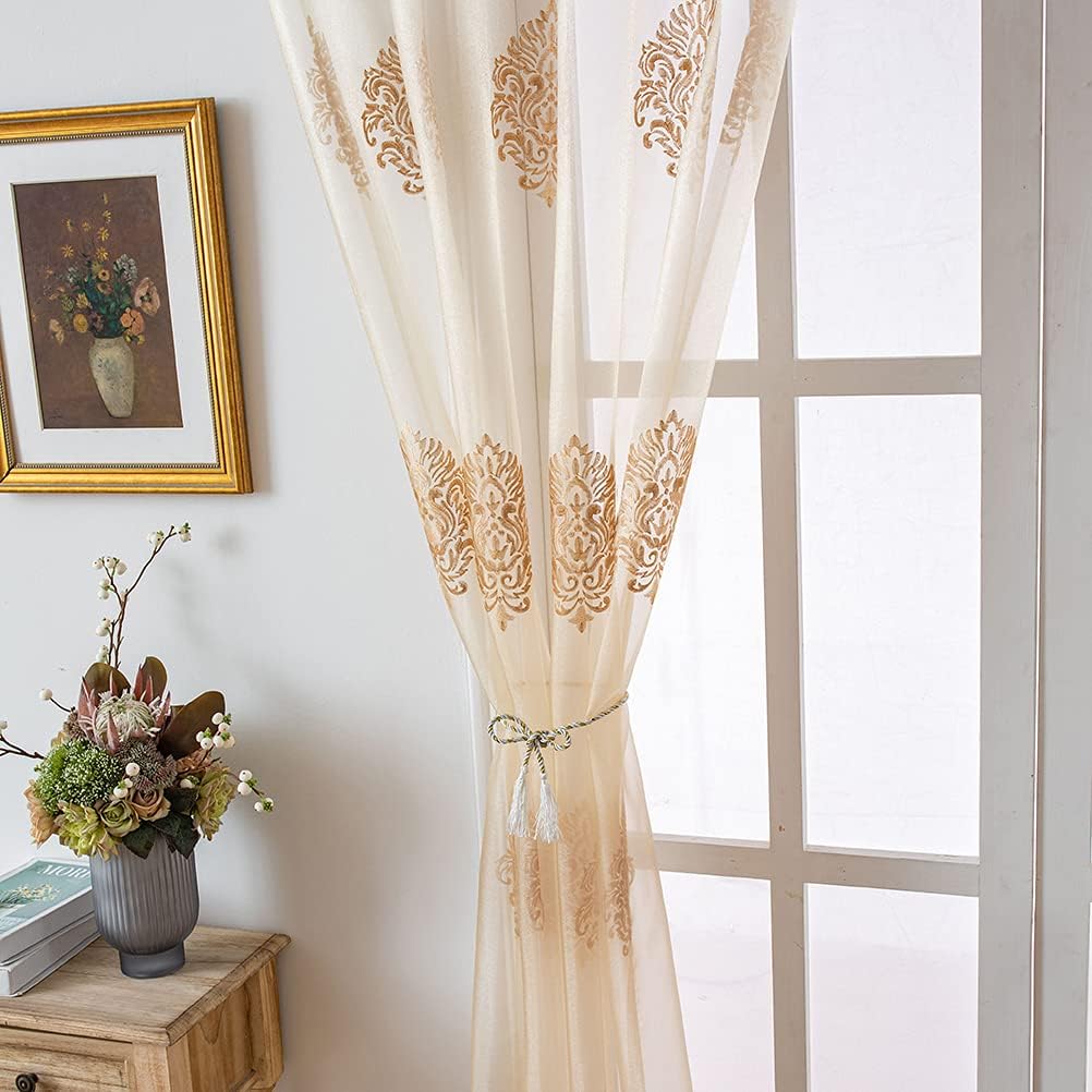 Luxury Damask Embroidered Sheer Curtains for Bedroom Transparent Tulle Curtain,52inchX96inch,Grommet Top,2 Panels