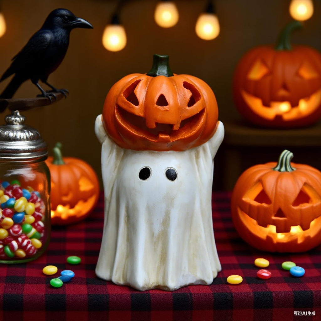 Halloween Ghost Decoration with Light-Up Jack-o'-Lantern Head,Cute Little White Ghost Holding Mini Pumpkin