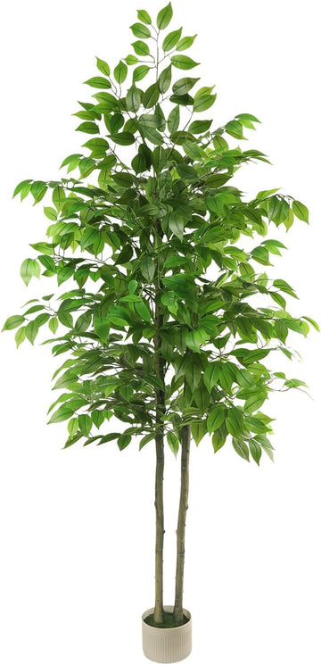 Artificial Ficus Tree 6FT Tall, Artificial Plants Indoor with White Planter Faux Ficus Tree Realistic Faux Silk Plant