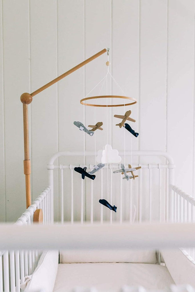 Airplane Nursery Set - Includes Baby Crib Mobile (Airplanes in The Clouds) + Wooden Baby Crib Mobile Arm - for Boys &