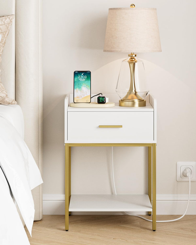 Nightstand with Charging Station, Modern Bedside Table with Drawer and Legs, White and Gold Night Stand with Open