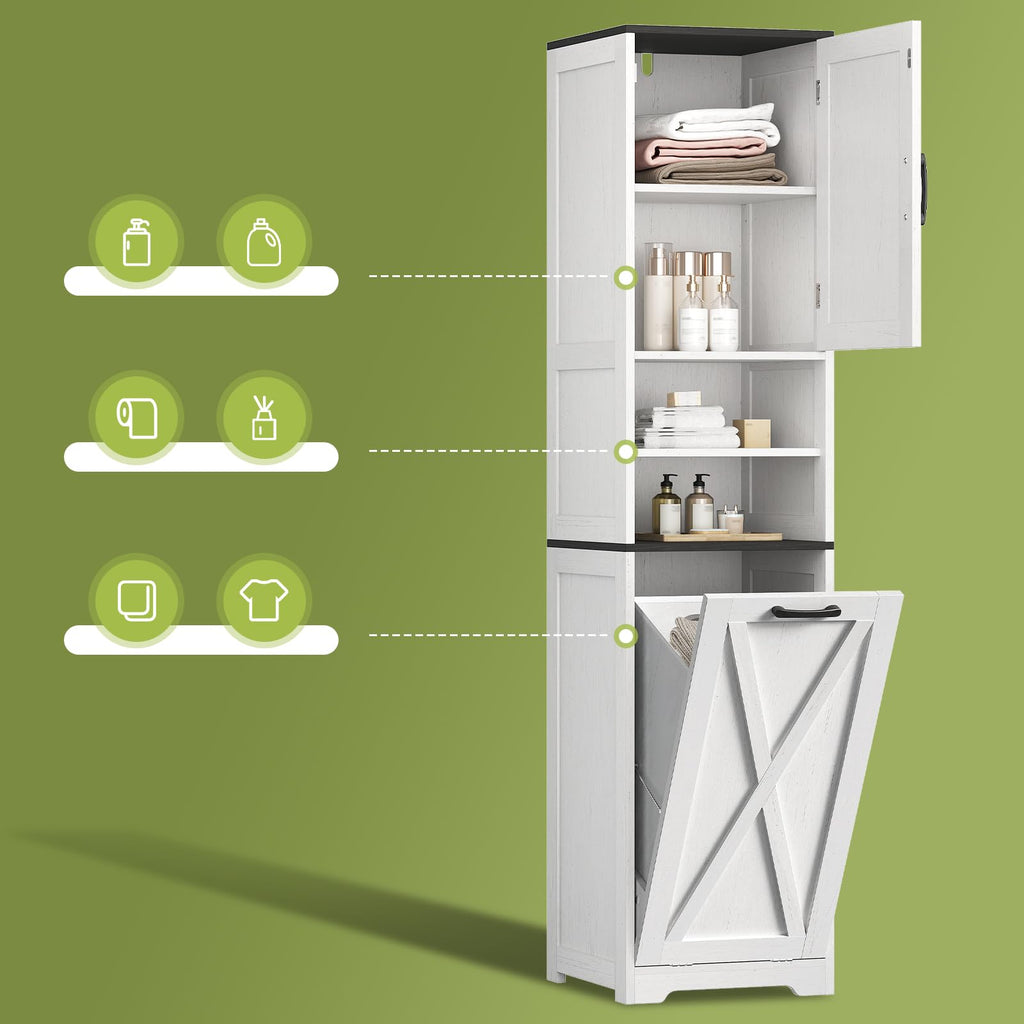 Tall Bathroom Cabinet, 67" Farmhouse Laundry Hamper Cabinet with Shelf Adjustable, 11.7 Gallon Capacity Tilt-Out