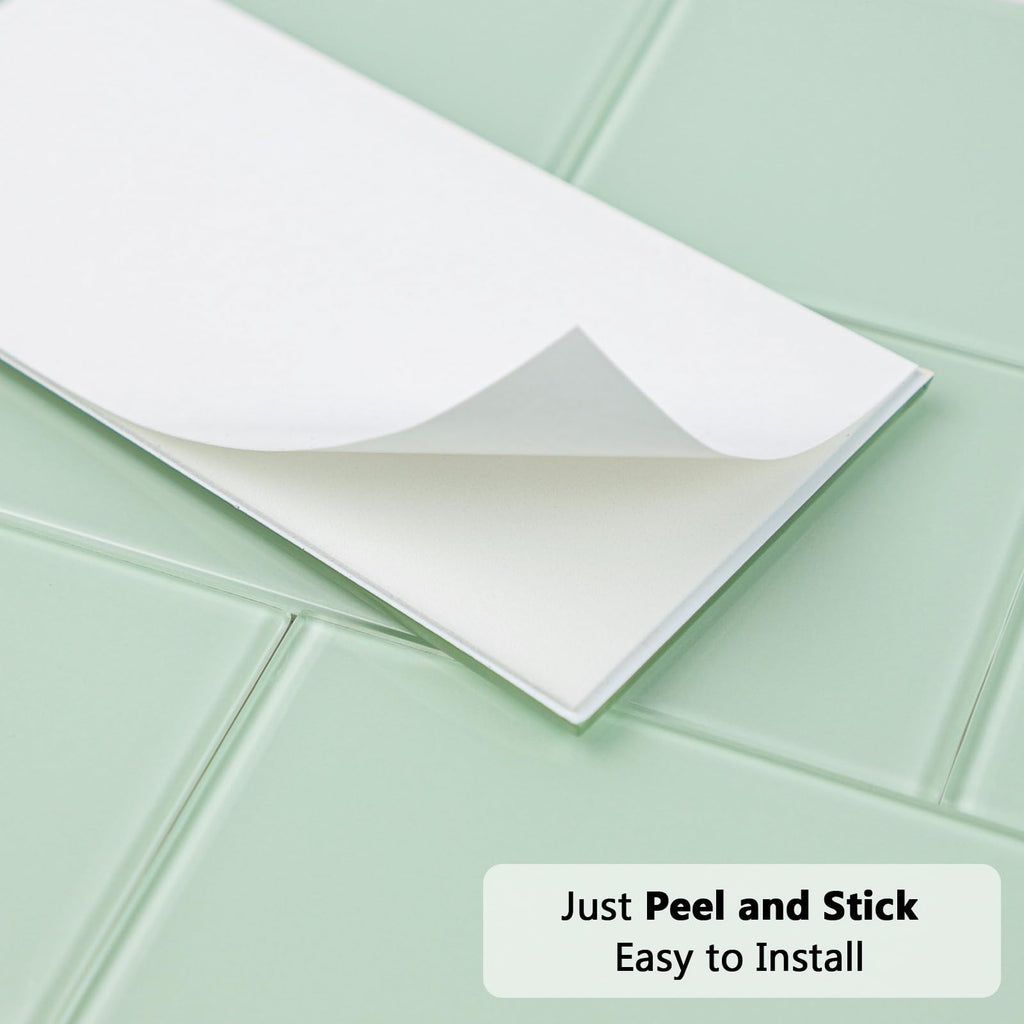 Peel and Stick Glass Tile Green Backsplash, 3" x 6" Subway Glass Backsplash Bathroom (40-Piece)