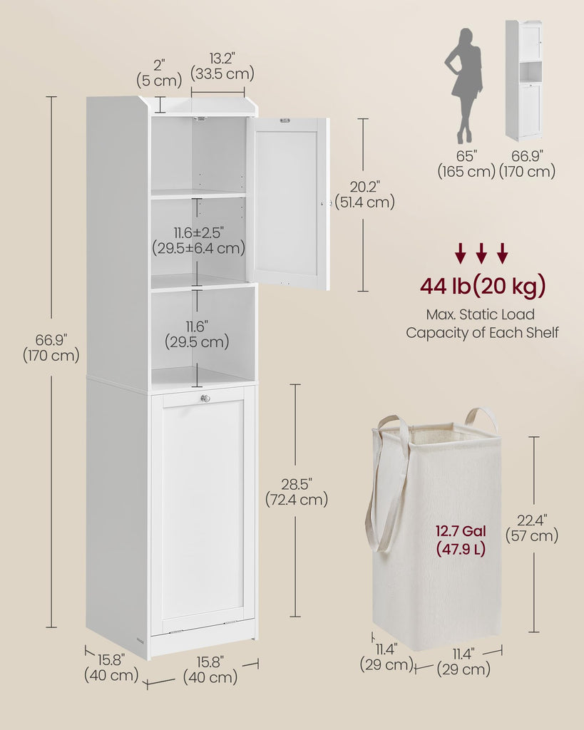 Tall Storage Cabinet, with Removable Laundry Basket, Cloud White