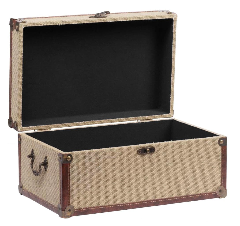 Farmhouse Decorative Storage Trunks Set of 3 Linen and Wood Boho Vintage Boxes with Metal Handles and Clasp, Rustic