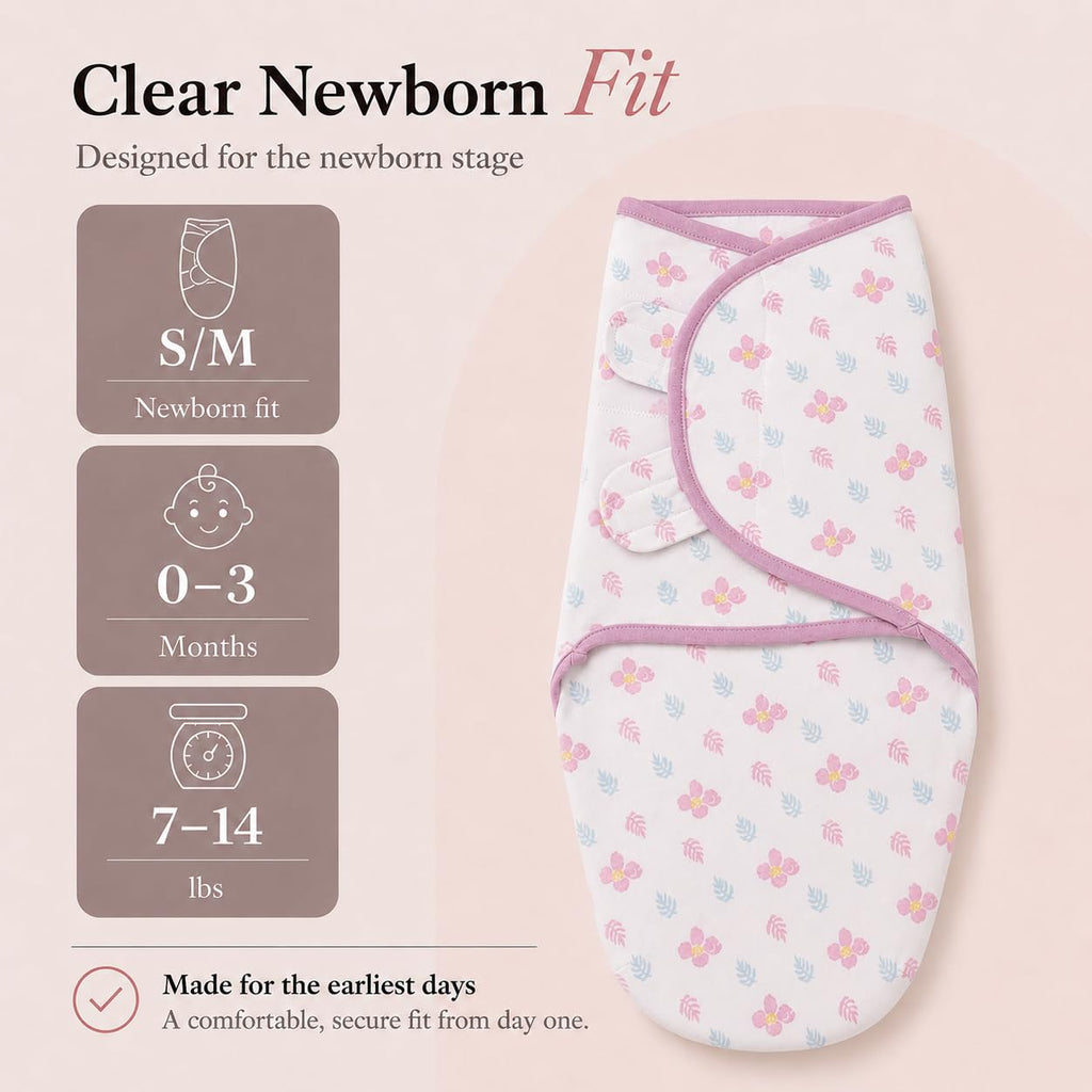 Swaddle Blanket Pack, S/M, GOTS Certified Organic Cotton, Adjustable Hook-and-Loop Wrap, Soft