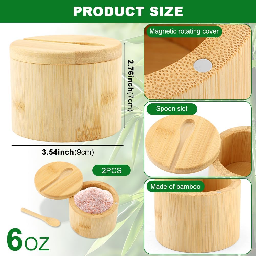 Bamboo Salt Cellar with Magnetic Swivel Lid & Spoon, Spice Box Bowl Storage Box Salt Container to Storage - Set of 2