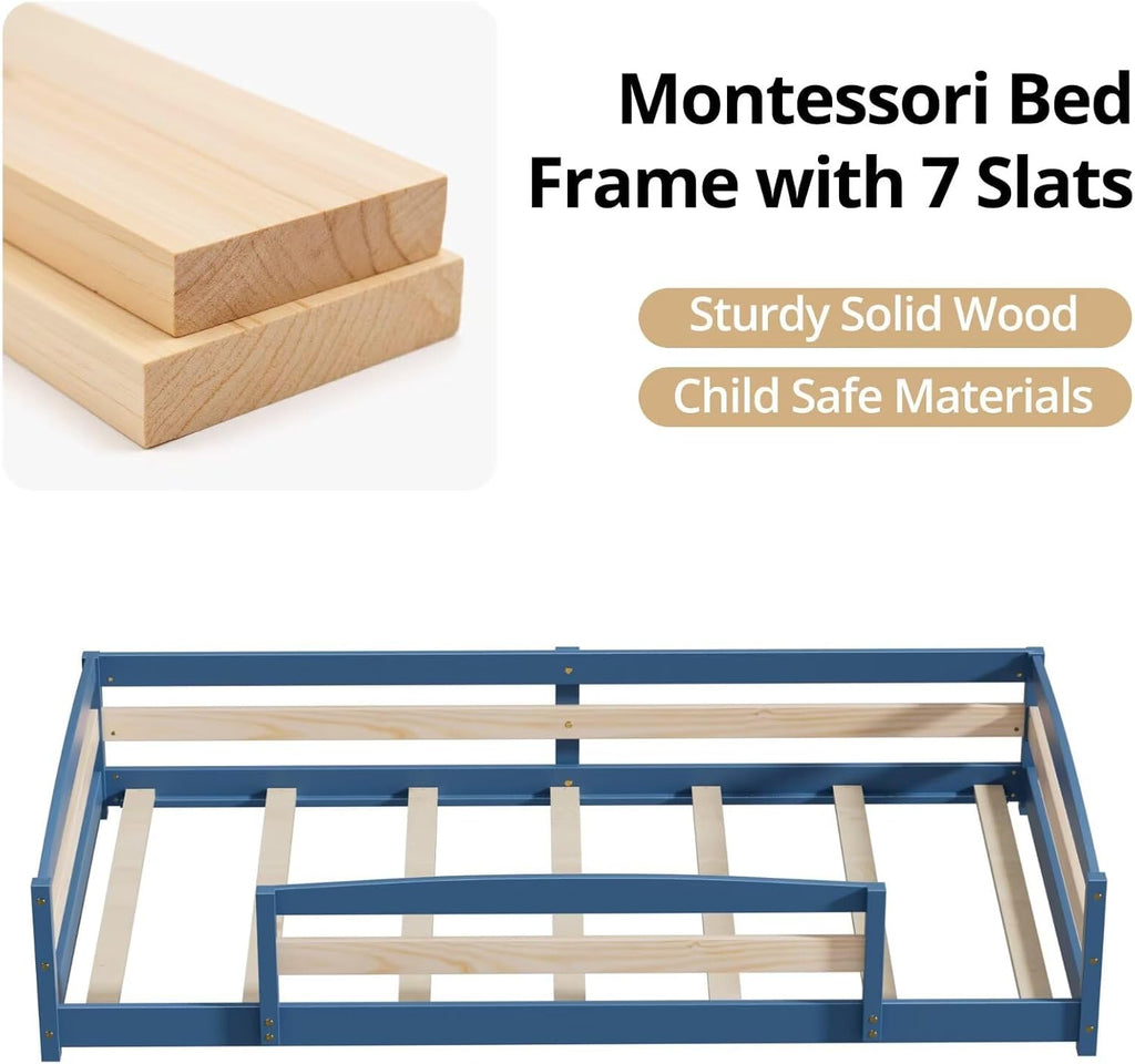 Floor Bed Frame with 2 Openings, Wooden Low Montessori Bed with Safe Guardrails for Boys Girls, Mist Blue
