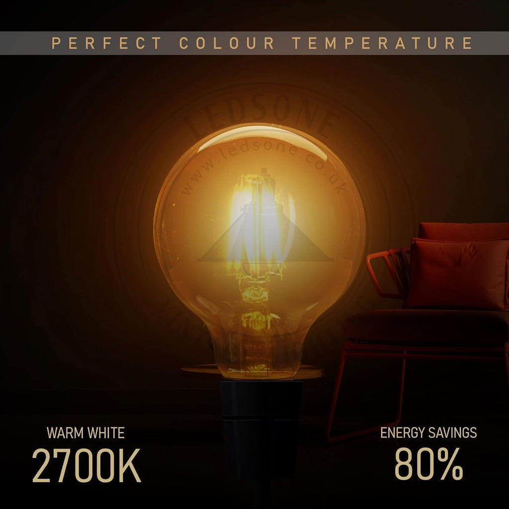 E26 G95 LED Globe Bulb 4W 40W Equivalent 2700K Amber Glass Filament Lamp