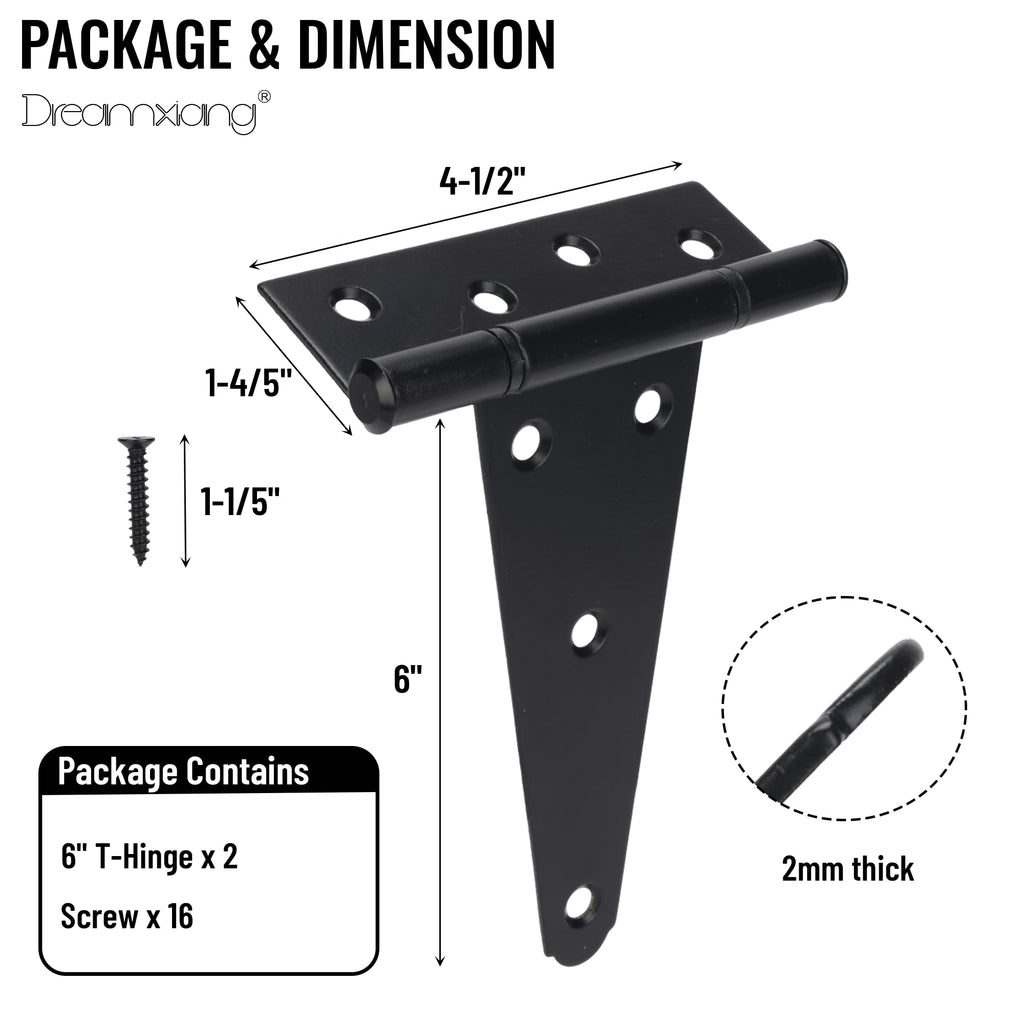 6 Inch T-Strap Gate Hinges, Heavy Duty Shed Barn Door Hinges, Black Tee Hinges for Wooden Fence, Yard Gate, Wrought