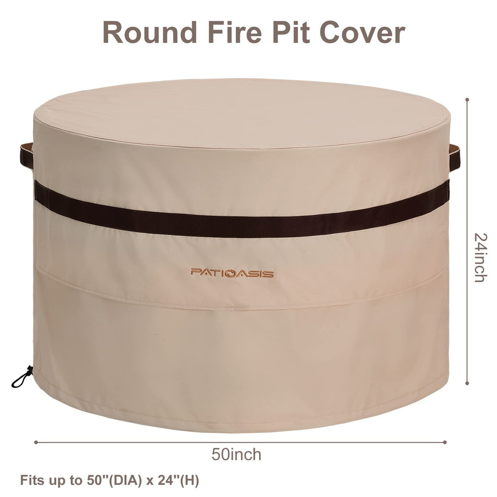 50 Inch Round Fire Pit Cover Beige, Heavy Duty Weatherproof with Air Vent, Outdoor Patio Cover for Fire Bowl & Gas