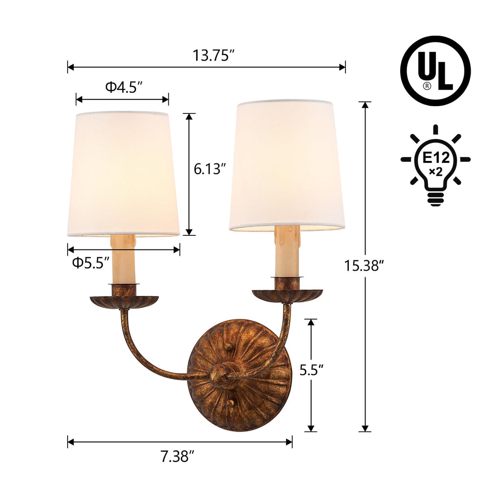 Fabric Wall Sconces Antique Brushed Brass Wall Lights with Melted Candle Classic Mid Century Wall Lamp