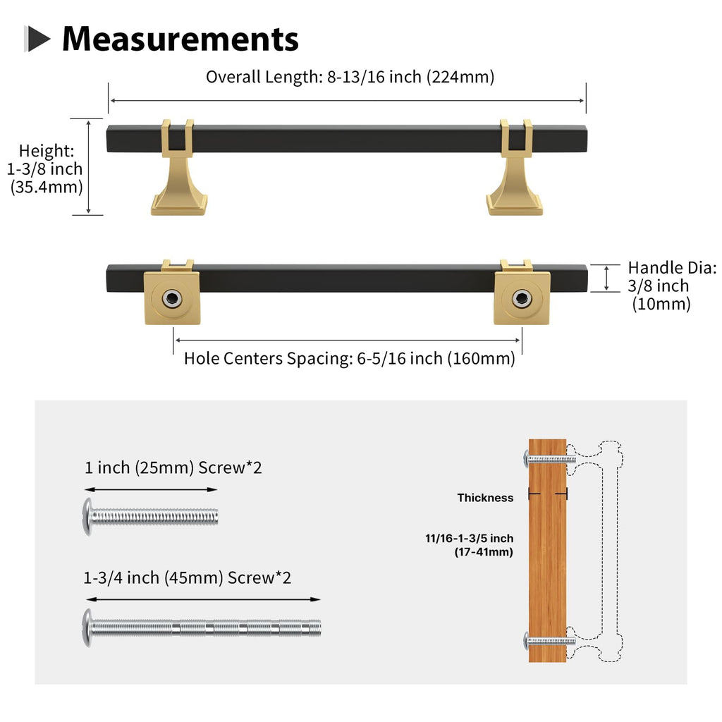 15 Pack 6-1/4 Inch Black and Gold Cabinet Pulls