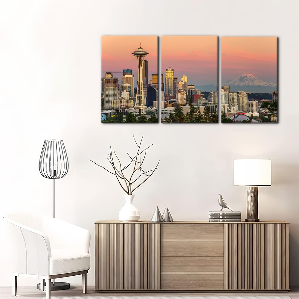 Cityscape Framed Wall Set of 3 Skyline Seattle and Mount Rainier at Sunset Pictures Print on Canvas Wall Decor Room