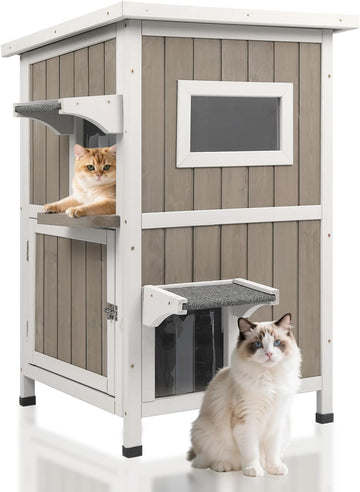 2-Story Outdoor Cat House, Weatherproof Wooden Feral Cat Shelter with Openable Roof, PVC Curtains, Transparent