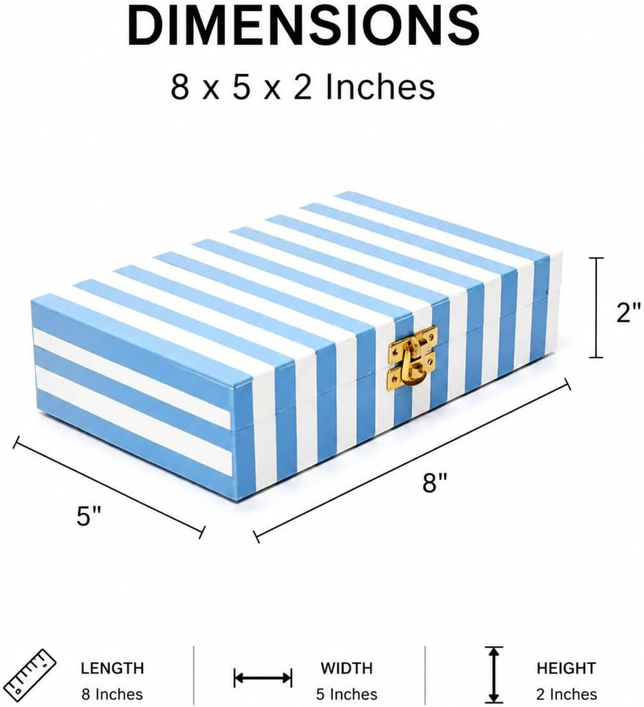 Decorative Storage Box with Lid, 8 x 5 x 2 Inch, Blue & White Striped Wooden Keepsake Box for Jewelry, Accessories