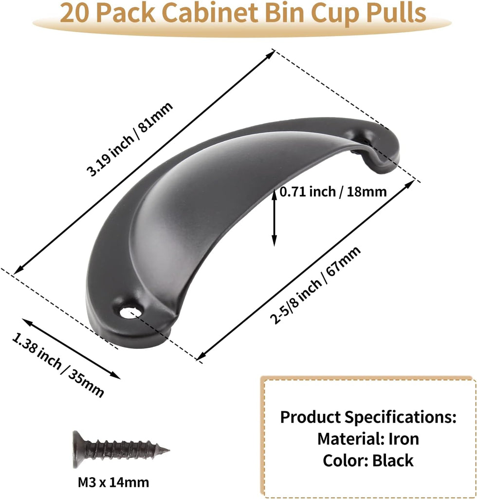 20 Pack Cabinet Bin Cup Pulls Black Half Moon Drawer Pulls, 2-5/8 Inch / 67mm Hole Center Dresser Pull Hardware Shell