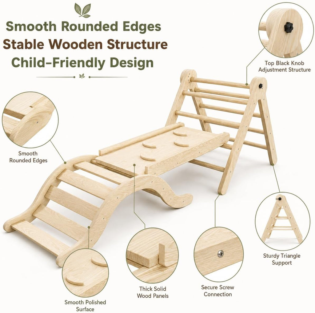 Wooden Toddler Climbing Set Indoor, in-1 Foldable Climber Playset with Triangle Ladder, Arch, Ramp and Slide, Birch