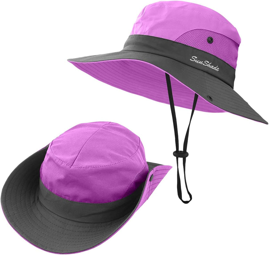 Kids Ponytail Sun Hat Wide Brim UV Protection for Girls Beach Bucket Cap