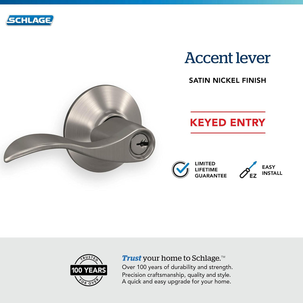 ACC 619 Accent Door Lever, Keyed Entry Lock, Satin Nickel