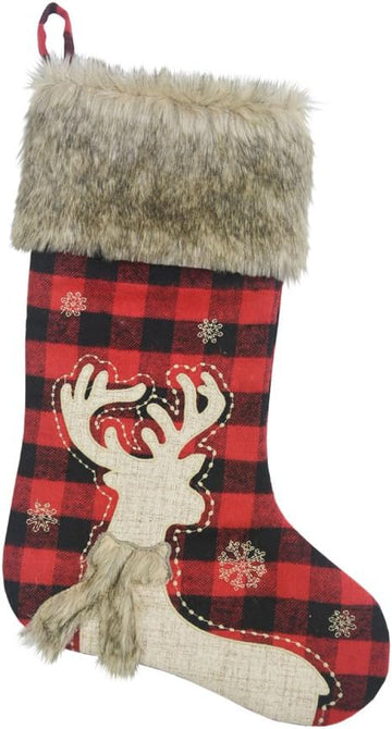 20" Black and Red Plaid Reindeer Christmas Stocking, Rustic Antique Vintage Figurine Style Home Decor, Faux Fur Scarf