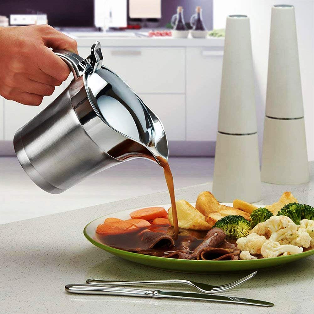 Stainless Steel Gravy Boat Sauce Jug with Lid, 26oz Double Wall Insulated, Storage for Gravy or Cream, Used at Home &