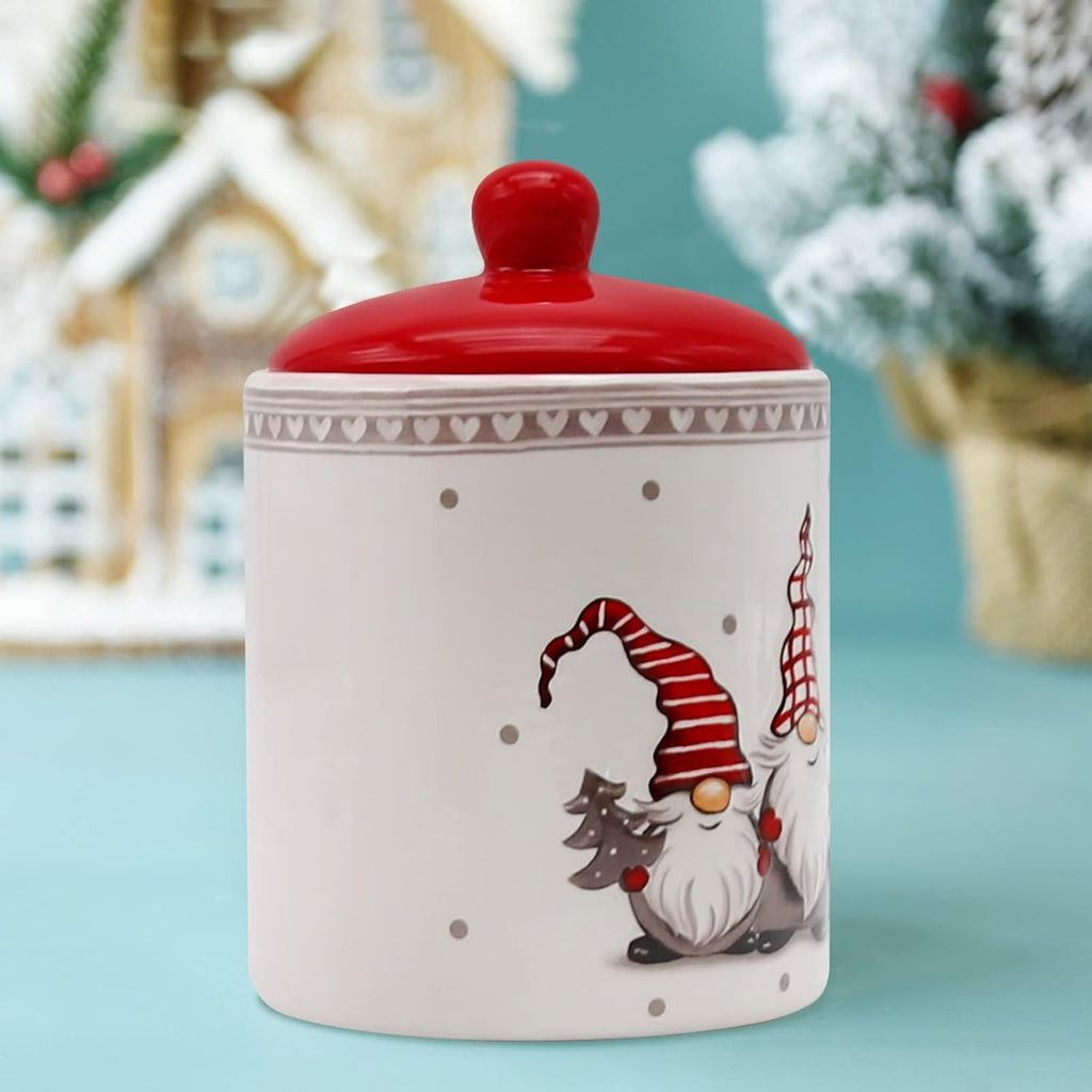 Christmas Cookie Jar, Red & White Ceramic Canister with Lid