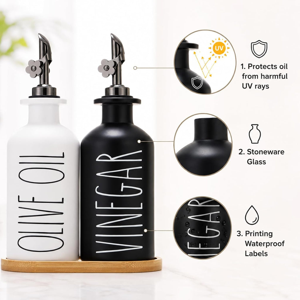 Premium Olive Oil Dispenser, 11.8oz Glass Oil Bottles with Bamboo Tray, Oil&Vinegar Cruet Set, Kitchen Dispenser - Set of 2