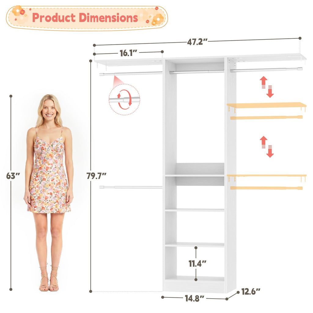 48" Small Closet System, Space-Saving Wall-Mounted Wardrobe Organizer, Mini Garment Rack for Narrow Spaces, Morning