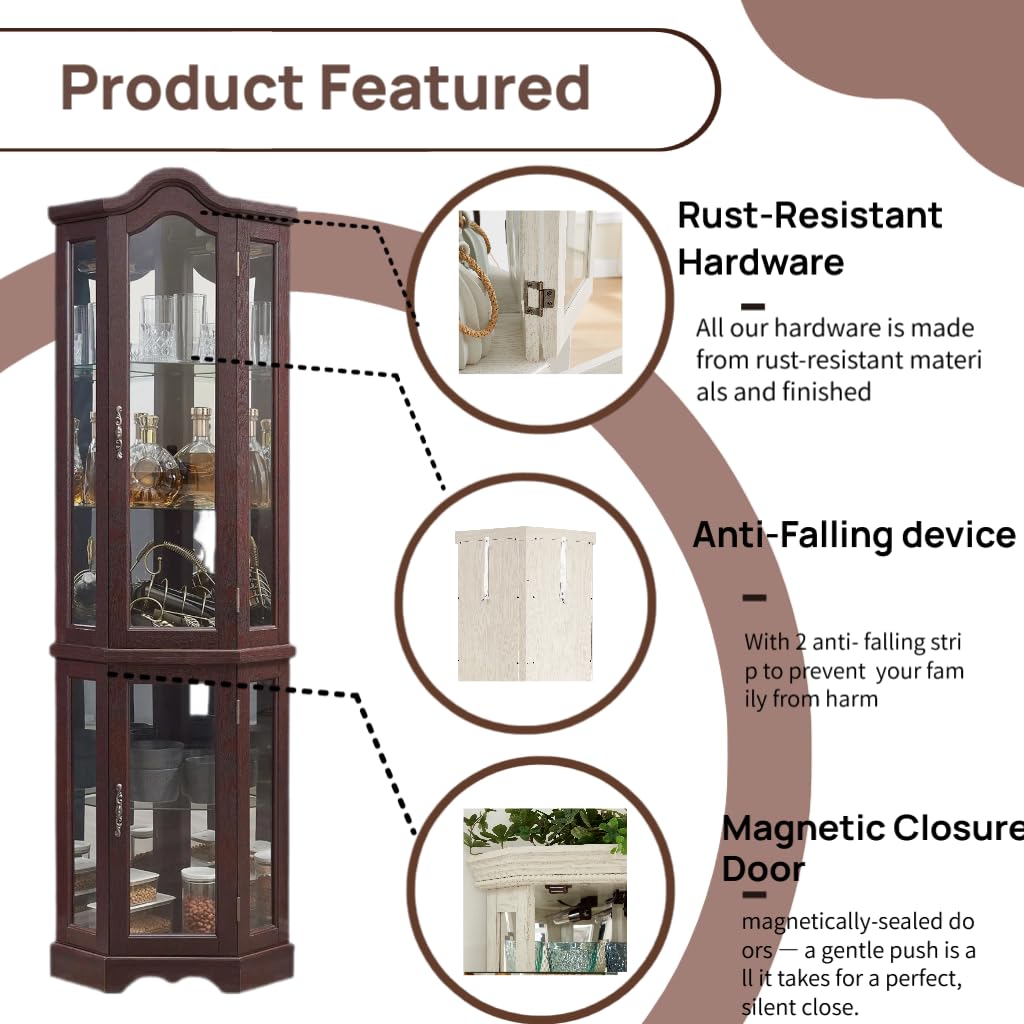 70" Lighted Corner Curio Cabinet with Tempered Glass Door