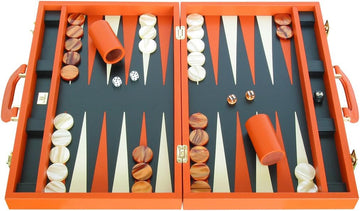 Leather Backgammon Set by - (20" Case, Board Game) - Orange