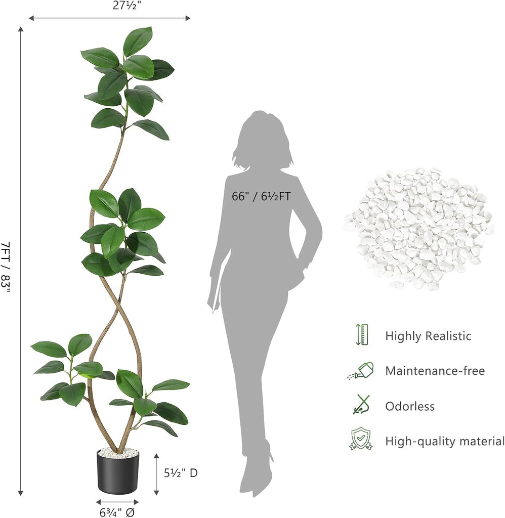 7FT Artificial Plants Rubber Tree with Black Resin Pot& White Stone Faux Fiddle Leaf Fig Tree Indoor Artificial Trees