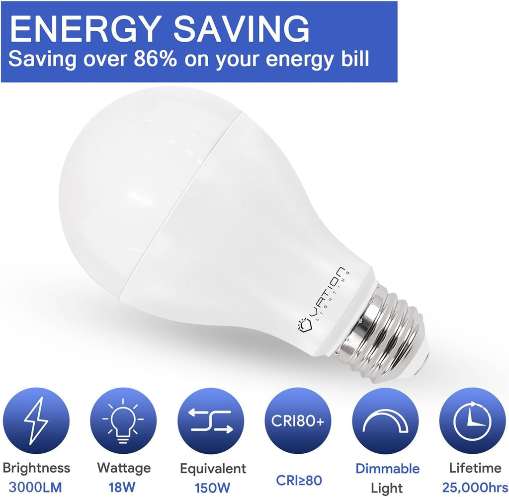 A21 18W Dimmable LED Light Bulb, 150-200 Watt, 5000K Daylight, 3000 Lumen