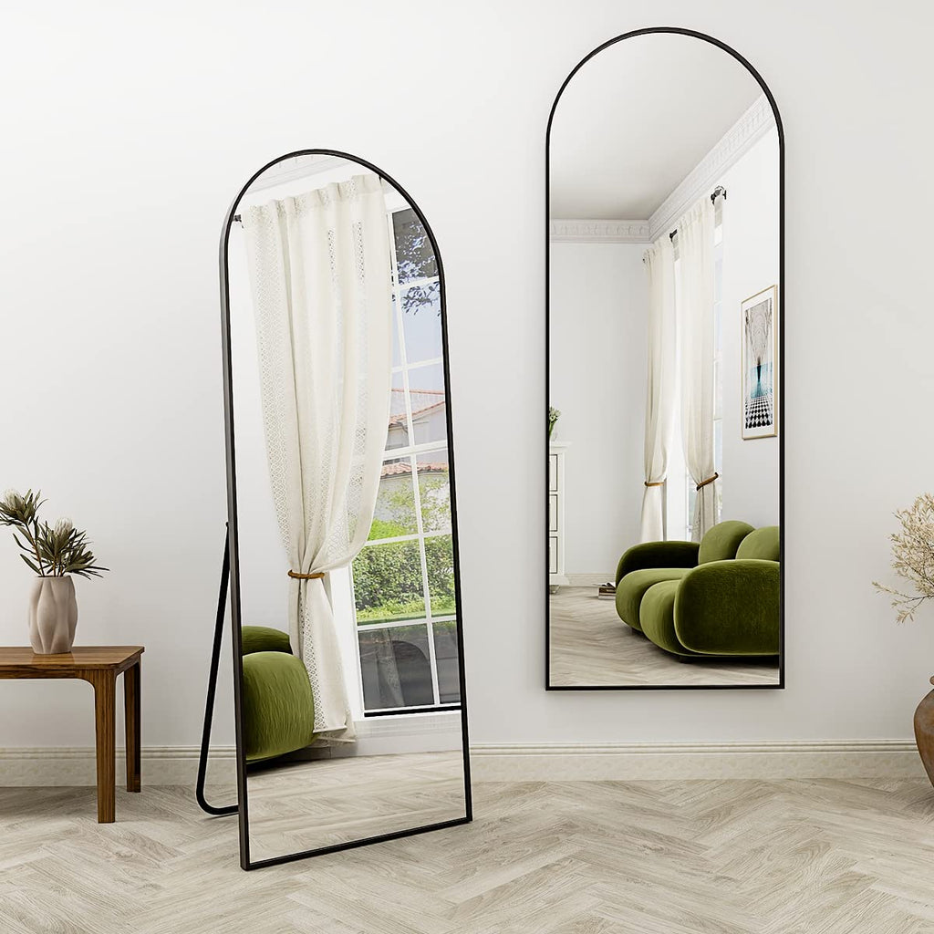 Arched Full Length Mirror, 64" x 21" Arch Black Floor Mirror with Stand